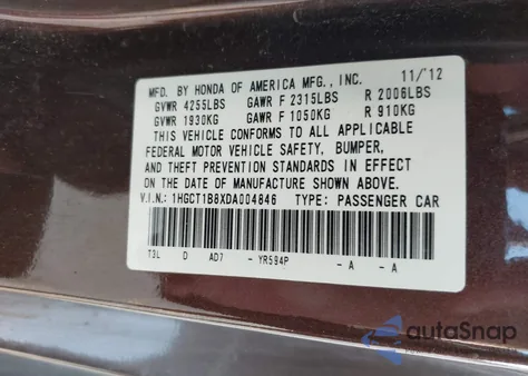 2013 Honda Accord Exl из США, поврежденный, VIN 1HGCT1B8XDA004846